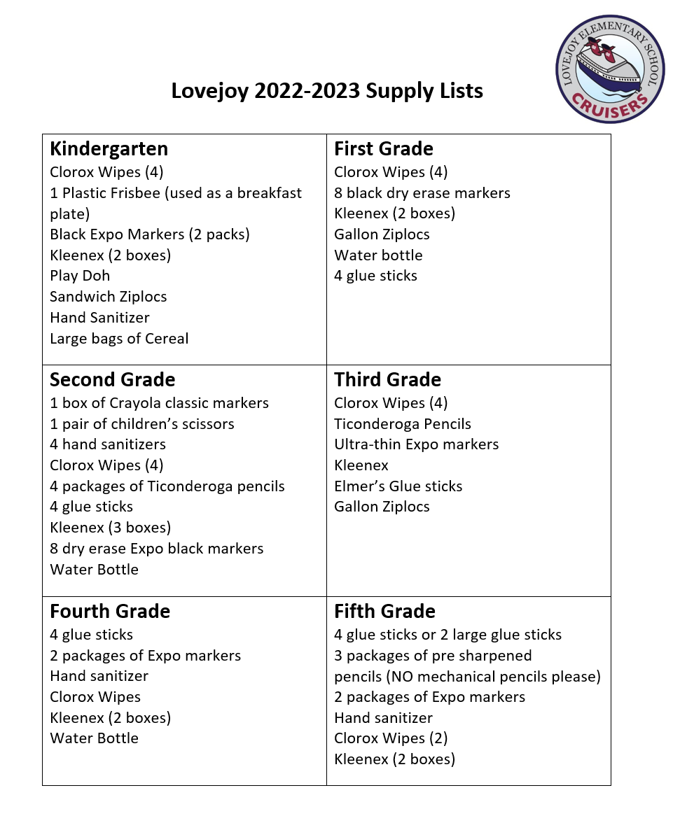 Lovejoy 20222023 School Supply List Lovejoy Elementary School
